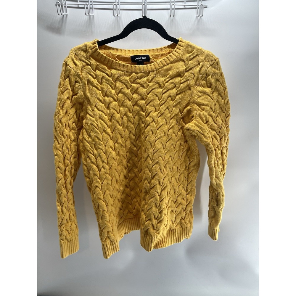 yellow Lands' End Women's Drifter Cable Knit Sweater XL See Sleeve For Blue Spot